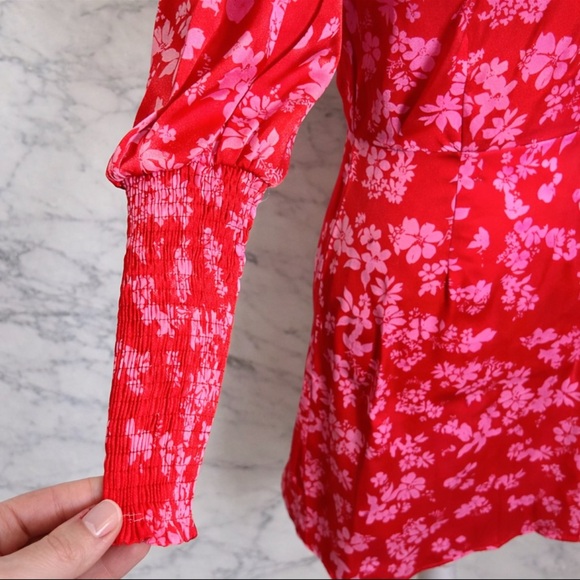 Never Fully Dressed Delores Dress 10 Red Pink Floral ruched bishop sleeves $103 - Picture 9 of 16
